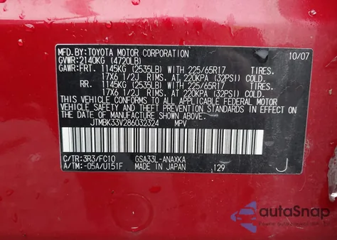 2008 Toyota Rav4 Base V6 из США, поврежденный, VIN JTMBK33V286032324